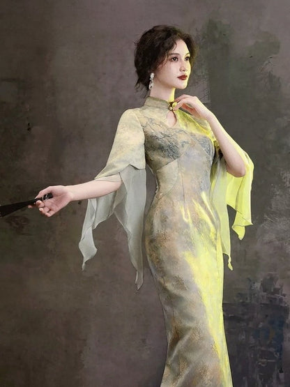 Green Chinese-Style Qipao Dress with Bow Embroidery, Cutout Design & Ruffle Accents - sijinstudio