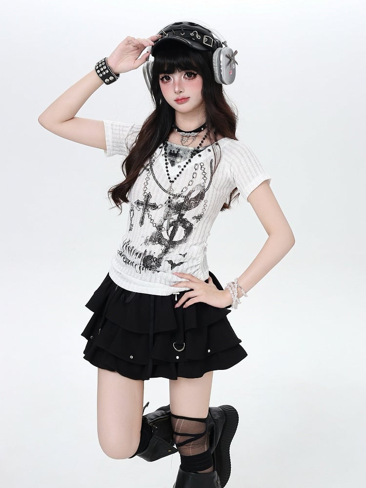 White Halter Short Sleeve Knit Top with Dark Print - CRAZY GIRL