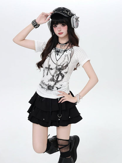 White Halter Short Sleeve Knit Top with Dark Print - CRAZY GIRL