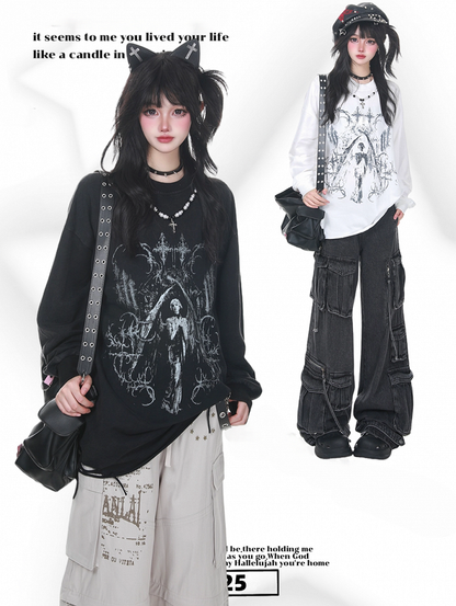 Bead Black/White Distressed Long Sleeve Sweatshirt with Detachable Chain