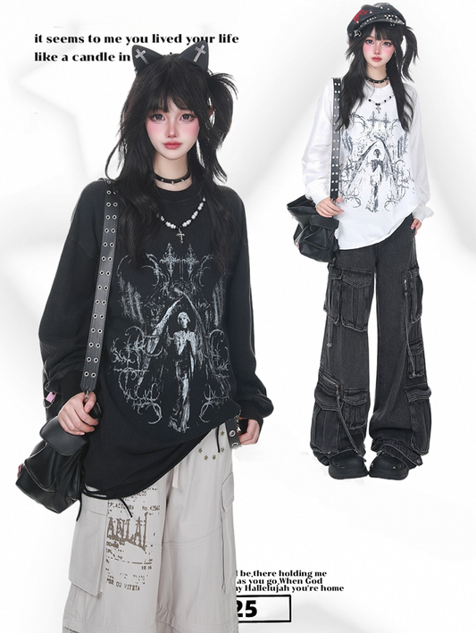 Bead Black/White Distressed Long Sleeve Sweatshirt with Detachable Chain