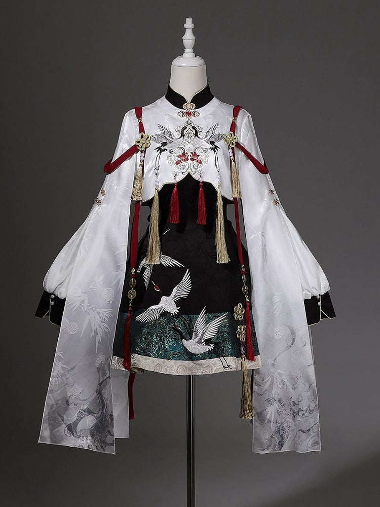 Green Chinoiserie + Balck White Cropped Crane Dress Lolita Tassel Top with Accents Embroidery