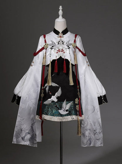 Green Chinoiserie + Balck White Cropped Crane Dress Lolita Tassel Top with Accents Embroidery