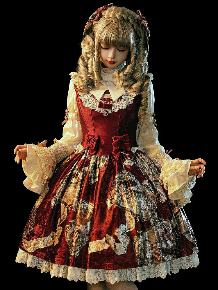Red Baroque Wine Print Lolita Skirt Elegant Classic