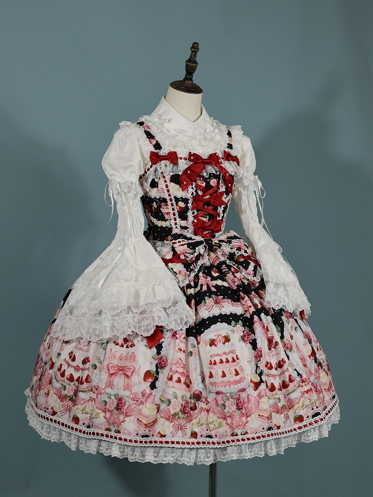 Set Black and Strawberry Desserts Full Sweet Print Lolita JSK /