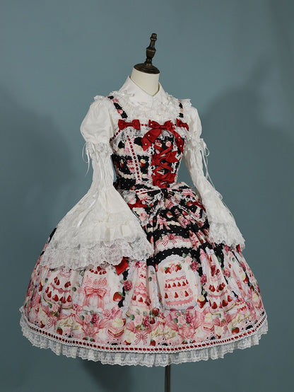 Set Black and Strawberry Desserts Full Sweet Print Lolita JSK /