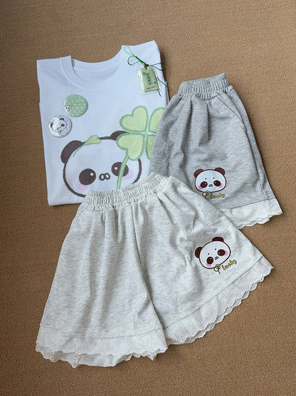 Trim with Shorts Print White Panda Lace