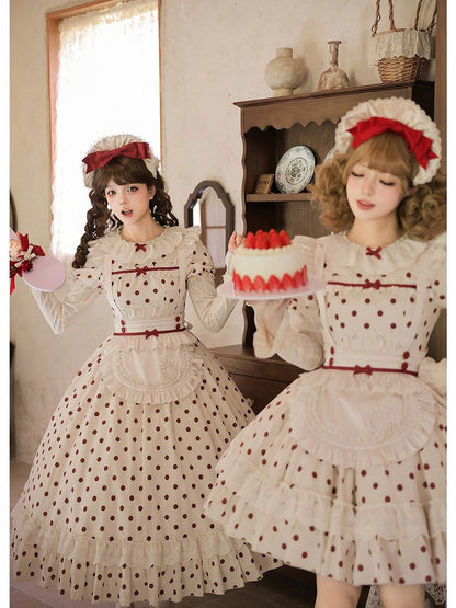 Red and Beige Lolita Bonnet Adorned with Bow Accents - With PUJI