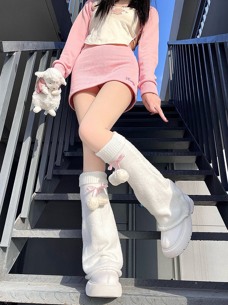 Knitted Red/Pink/Blue Decorations Flared with White Ribbon Warmers Leg Pom-Pom