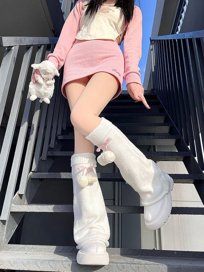 Knitted Red/Pink/Blue Decorations Flared with White Ribbon Warmers Leg Pom-Pom