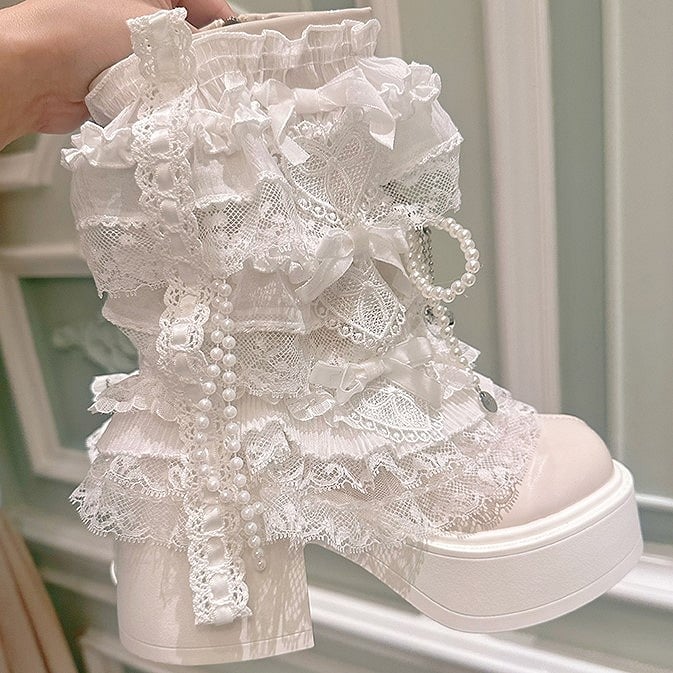 Lace Lolita Platform Elegant Boots Off-white Trim with