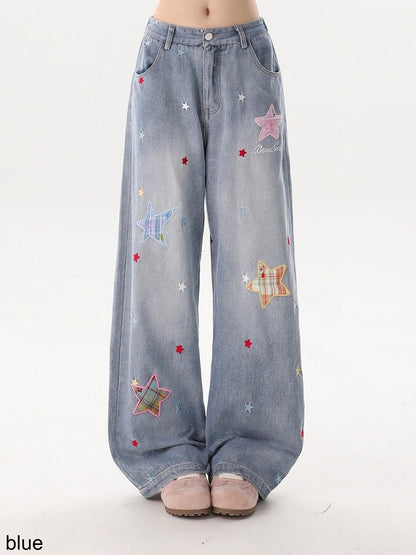 5-Color Casual Distressed Straight Jeans with Star Embroidery Decoration - Rayohopp