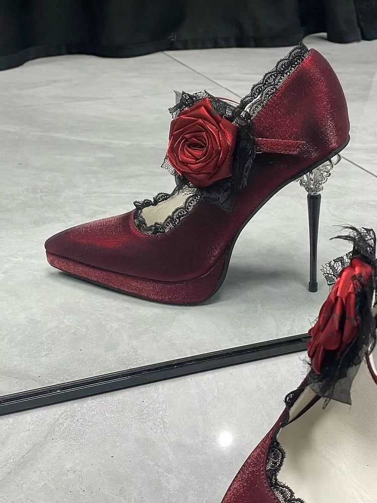 Satin Red Toe Floral High Decorated Heels Pointed Gothic