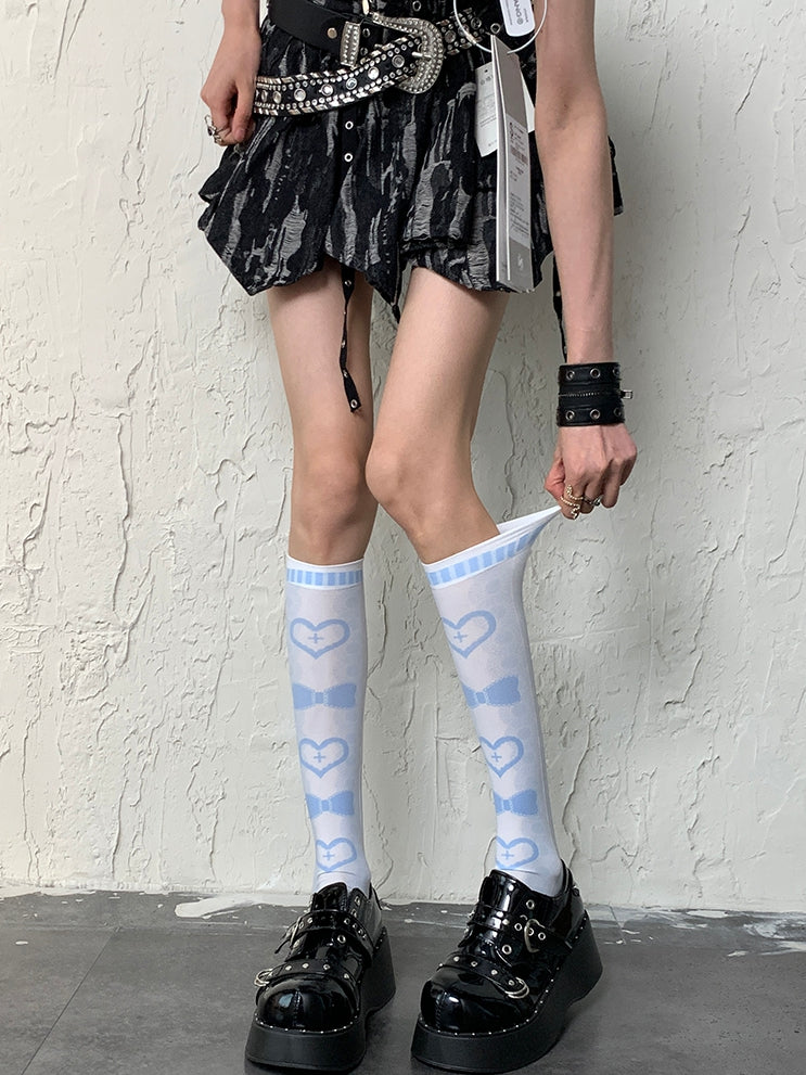 Y2K Underknee Bowknot Heart And Print Blue Stockings