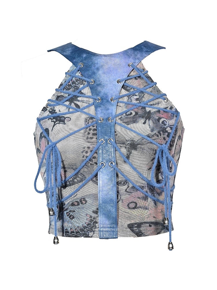Grunge Punk Rock Fairycore Blaue Schmetterlinge Mesh Patchwork Neckholder Top Schnürung Detail