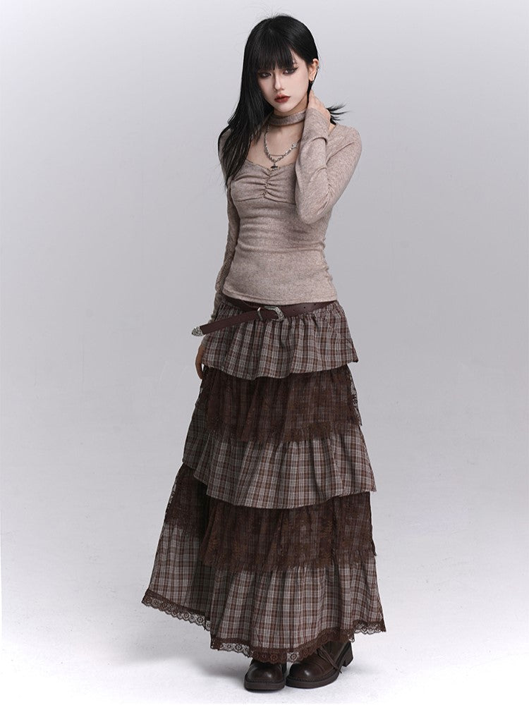 Seitliche Spitzenrockschichten mit Reißverschluss, gestuftes Maxi-Kaffee-Plaid