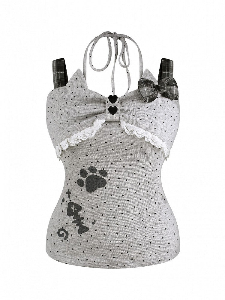 Paw Ways Two Design Off-Shoulder Gray Wear Print Dot Polka with Top