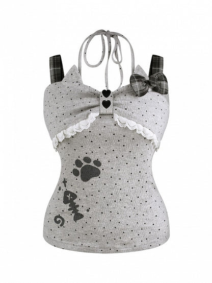 Paw Ways Two Design Off-Shoulder Gray Wear Print Dot Polka with Top