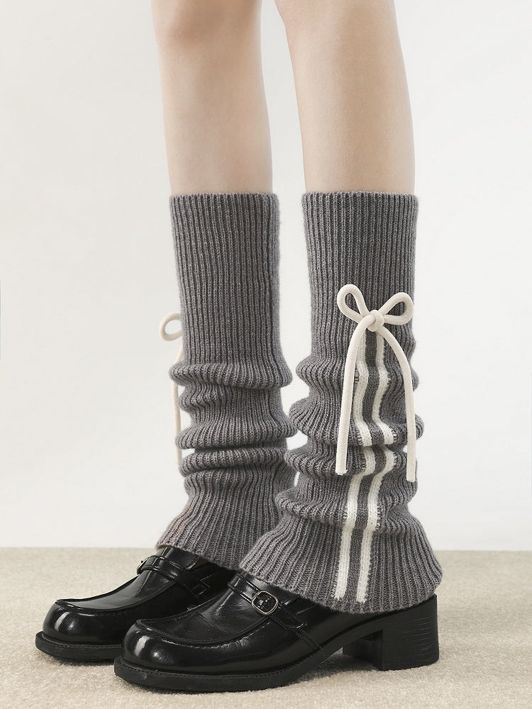 Colors Knitted Strappy Pattern Vertical Warmers 5 Bow Leg Striped Accent