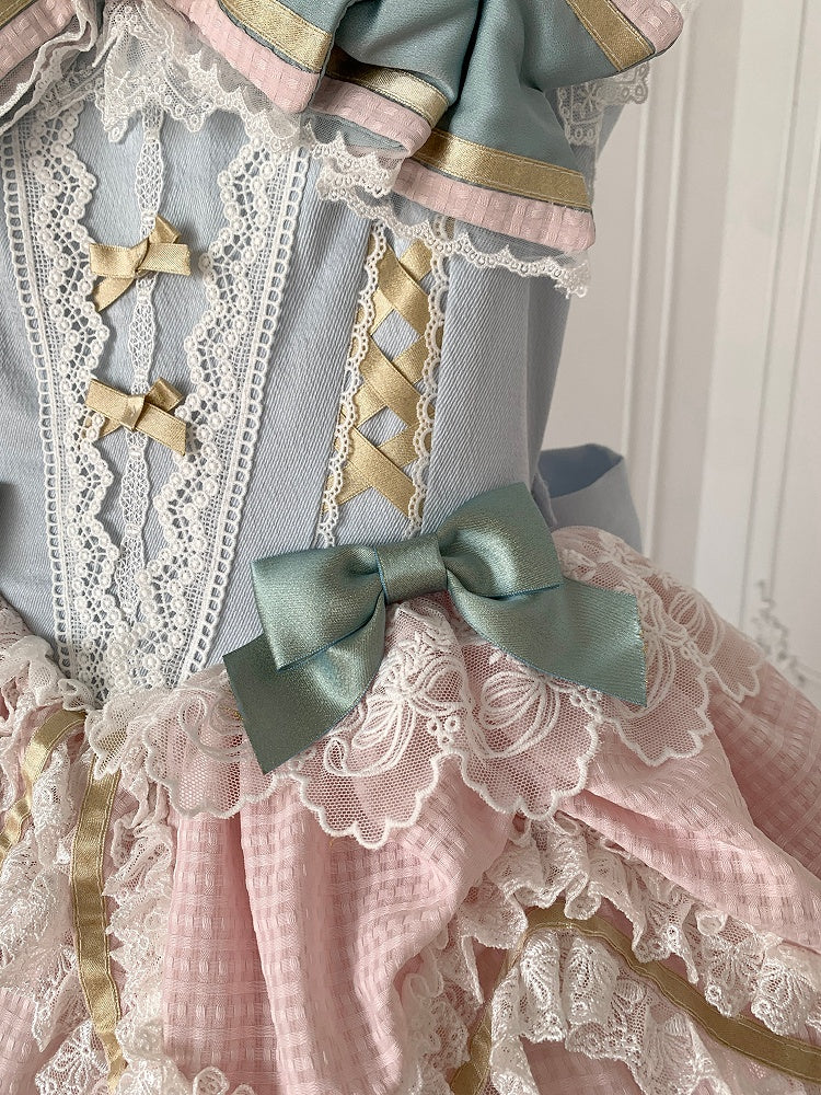 Mintgrünes Schleifen-Rosa und Blaues süßes Lolita-Korsettkleid mit Choker