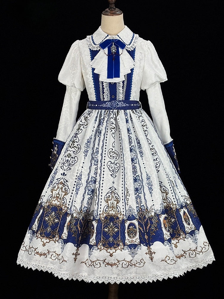 Gothic Sleeves Lolita with Bat Print Juliette Blue Dark Dress Wings White Candelabras