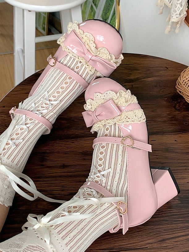 Mary Lolita Lace Leather with Heel Detail Mid - Jane PU Shoes Pink