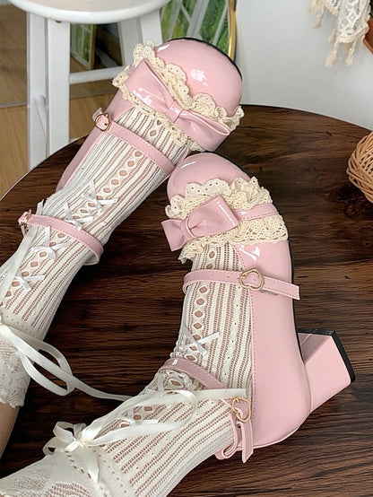 Mary Lolita Lace Leather with Heel Detail Mid - Jane PU Shoes Pink