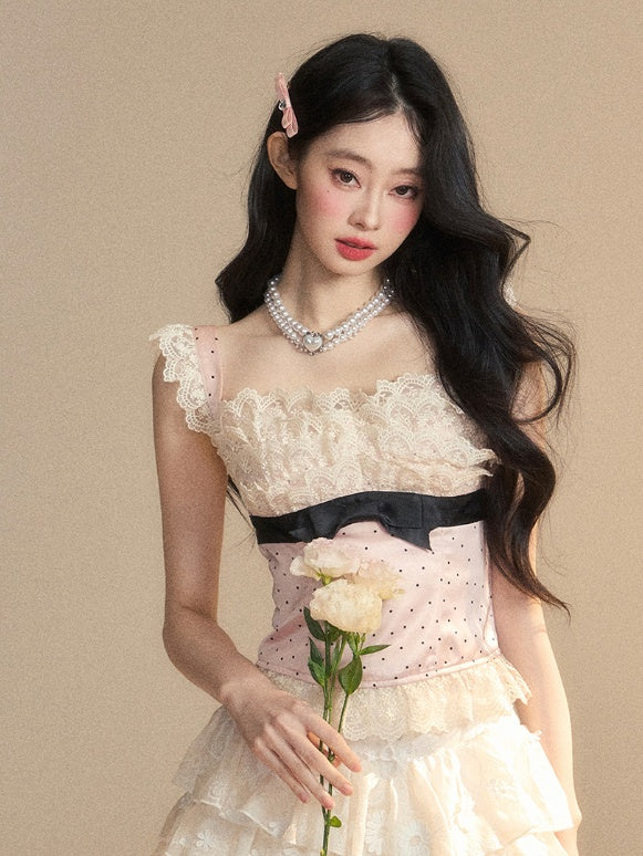 Glamorous Rosa Polka-Dot Muster Ärmelloses Top Rüschen Spitze Trim Detail Schleife