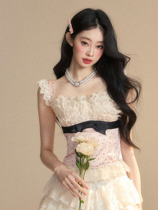 Glamorous Rosa Polka-Dot Muster Ärmelloses Top Rüschen Spitze Trim Detail Schleife