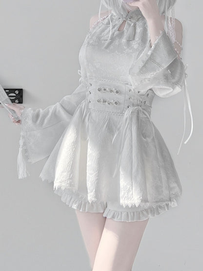 Jirai Kei White Jacquard Cheongsam with Set Detacable Collar Waist Chain+Lace-up Top Beaded Shorts