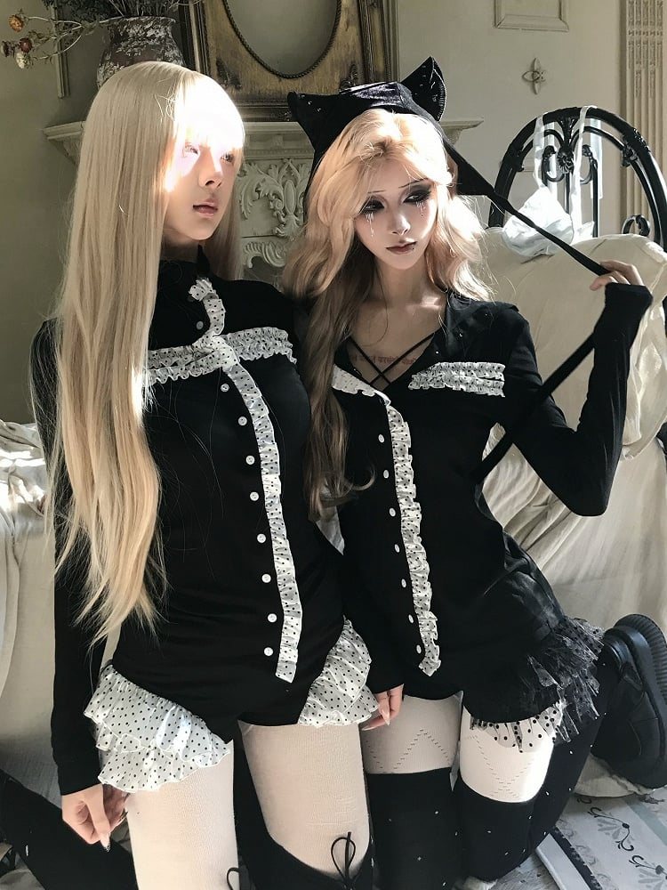 and High Goth Sleeve - Front Long White with Button Black Frill Accents Neck Top Dot