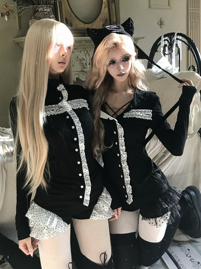 and High Goth Sleeve - Front Long White with Button Black Frill Accents Neck Top Dot