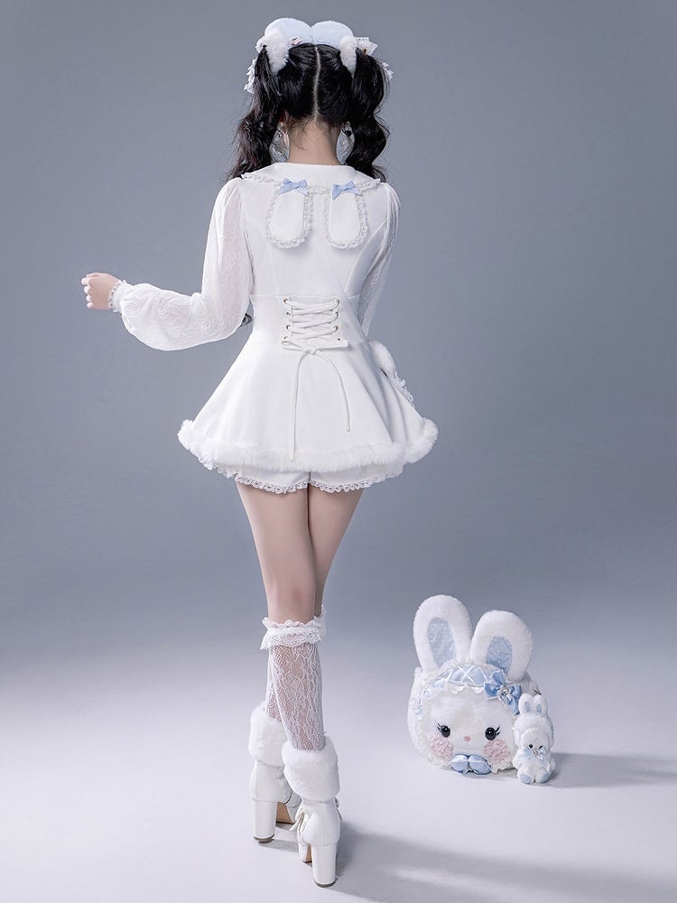 White Landmine Dress Blue Matching Shorts Plush Set Bunny Bow Ear Brooch Style Full Cape Lace +