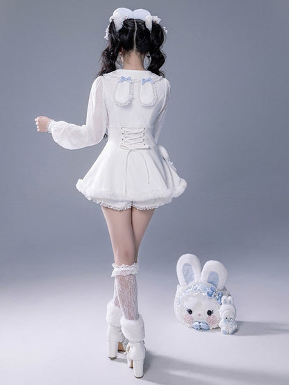 White Landmine Dress Blue Matching Shorts Plush Set Bunny Bow Ear Brooch Style Full Cape Lace +