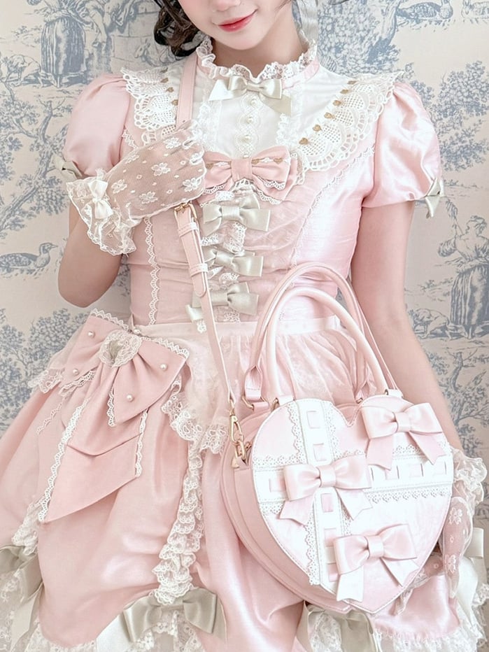 Bag Abstract PU Bow Leather with Heart - Hand Sweet Linear Accents Cross Pink Lolita Design