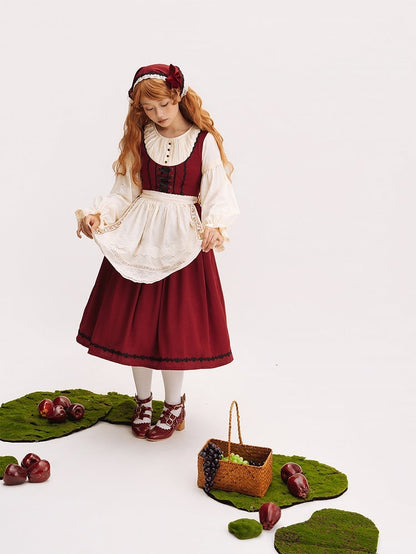 Red & Beige Round Neck Long-sleeved Elegant Classic Lolita Dress with Lace-Up Front