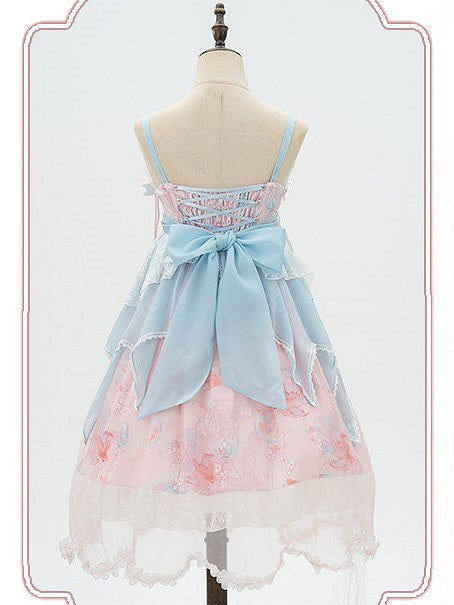 Lolita Overlay Floral Trim Edge Han with Scalloped Dress Golden JSK Blue Embroidery and Print Pink Fish
