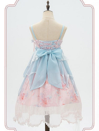 Lolita Overlay Floral Trim Edge Han with Scalloped Dress Golden JSK Blue Embroidery and Print Pink Fish