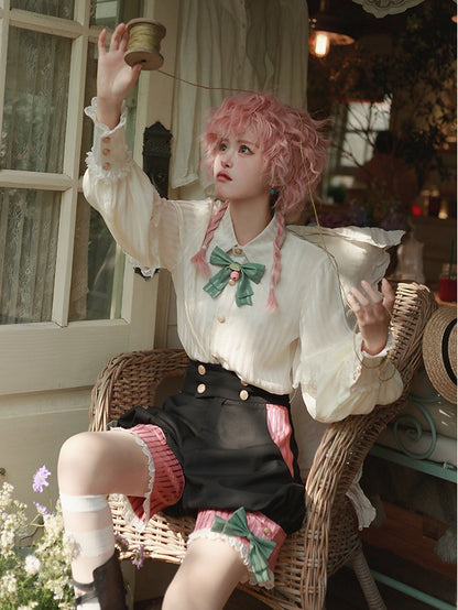 Shirt Foldover Pointed Ouji Collar Lolita Sleeves Long Creamy
