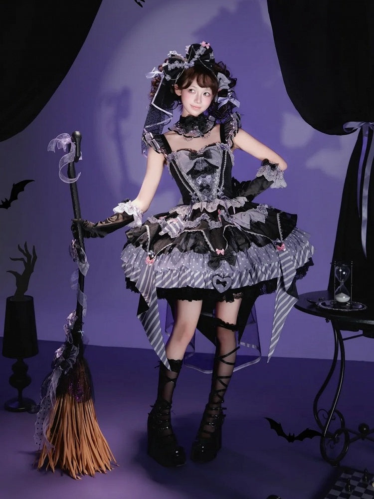 Layered Heart Ribbon Bow Accent Magic Witch Jumper Skirt Dress in Black & Purple - SheepBallad