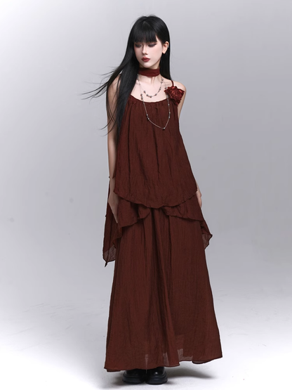 スカーフ装飾ワインレッドフローラル/キャミソールトップ