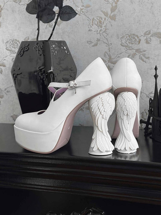 Straps Winged Buckle Platform Heel Heels Sculptural - Gothic White Crisscross