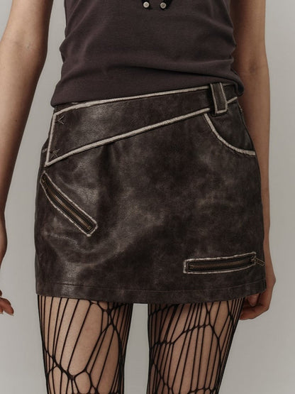 Zippers Flap Vintage Pockets Punk Coffee Skirt PU Asymmetrical Back with Mini
