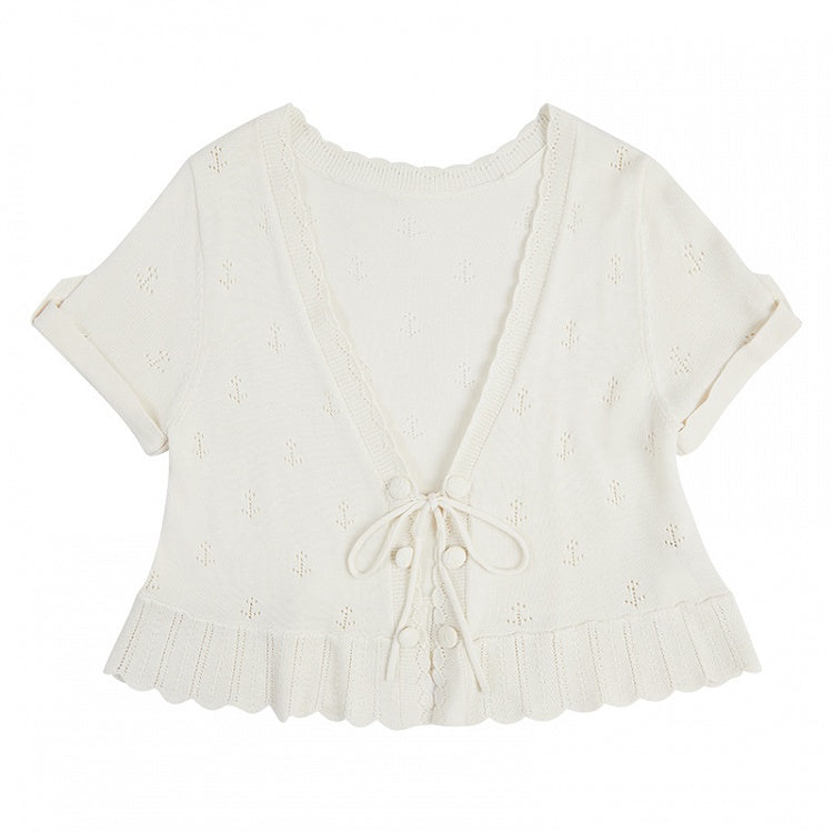 with Scalloped Beige Knitted Perforated Lolita Cardigan Short-sleeved Edge Trim