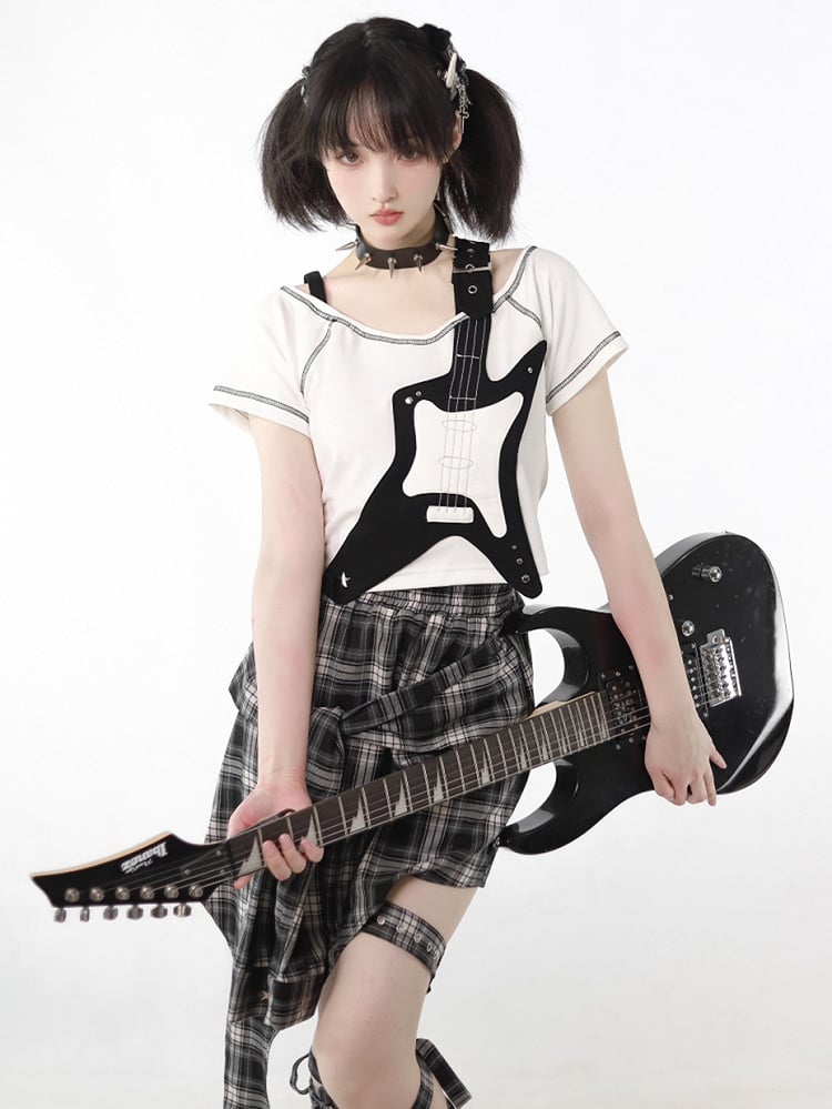 White and Applique T-shirt Black Guitar