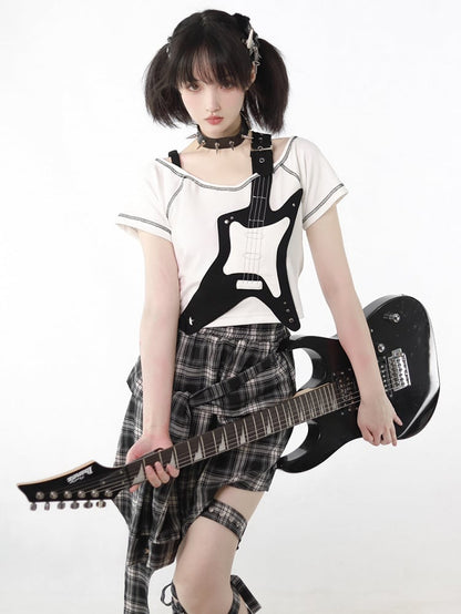 White and Applique T-shirt Black Guitar