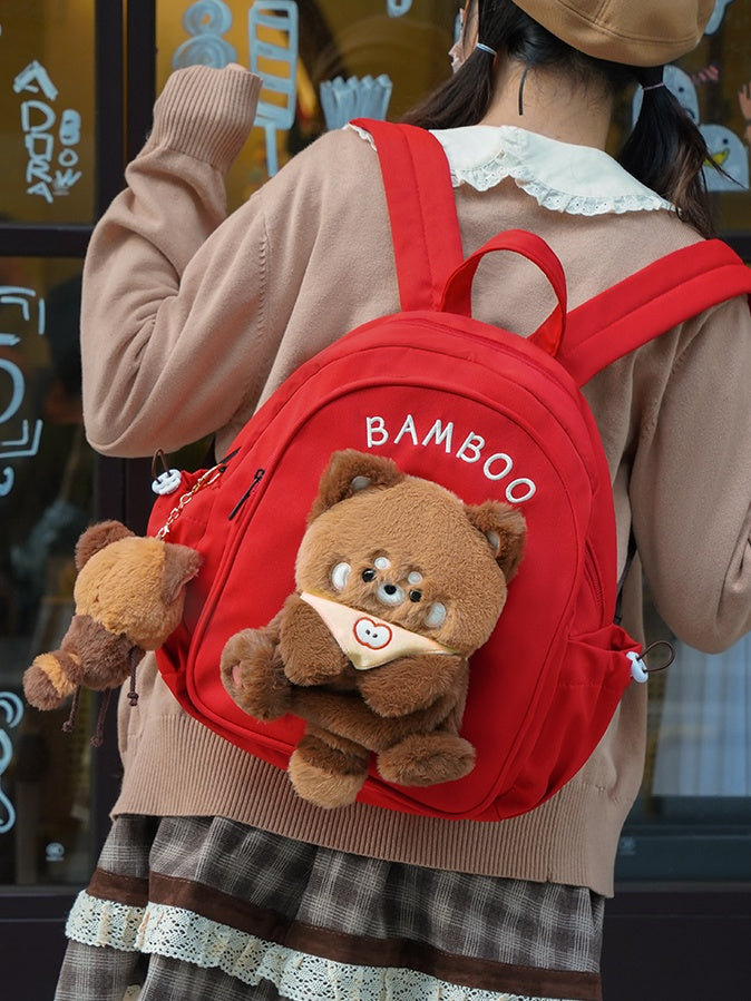 Red Cute Backpack With Red Panda Plushie