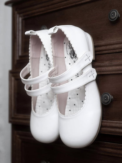 Round Cross White Flats Velcro Gothic Embroidery Toe Strap Closures