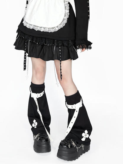 Style Harajuku Punk  White Straps Detail Black Leg Leather Warmers: Cross