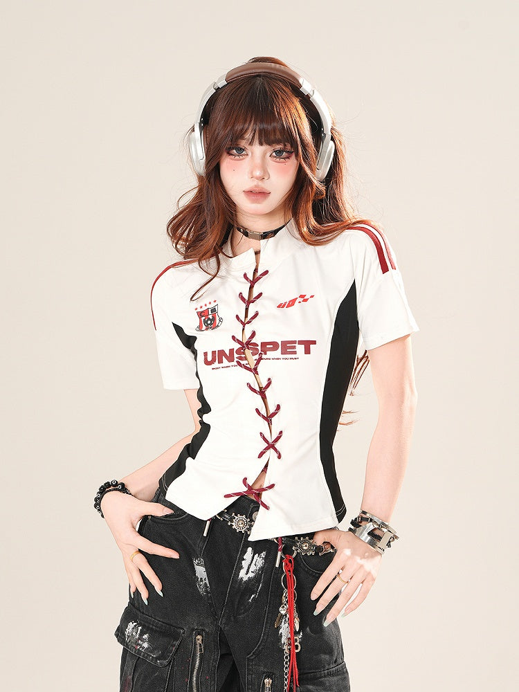 ホワイト レースアップフロント スリムフィット Tシャツ